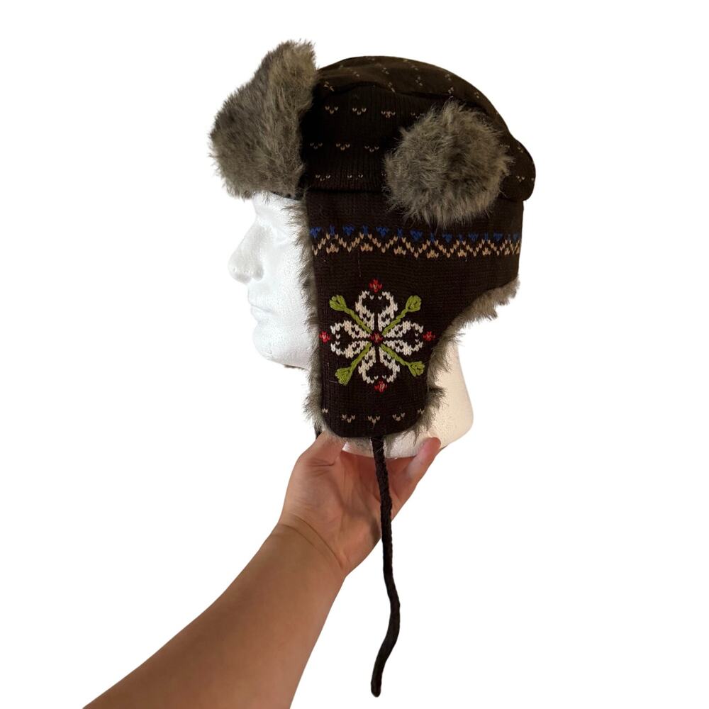 Brown Nordic Knit Faux Fur Trapper Winter Hat Y2K 2000s